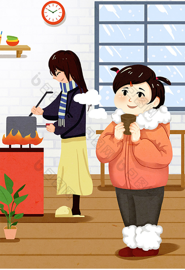 二十四节气大寒温暖家庭小女孩雪花手绘插画