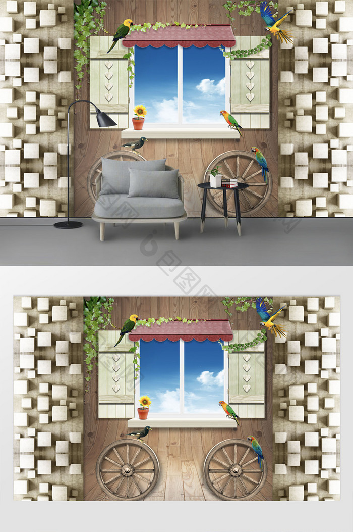 创意3D木纹窗外美景鹦鹉电视背景墙