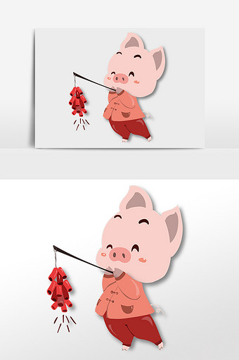 红色小猪放鞭炮扁平插画图片