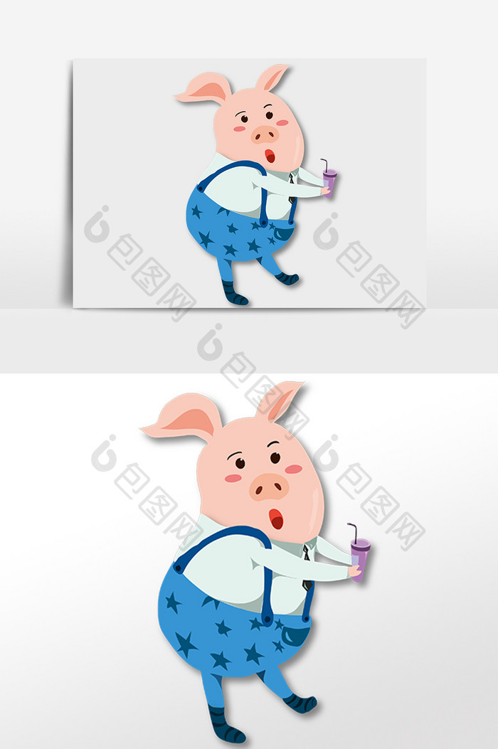 蓝色卡通小猪插画元素