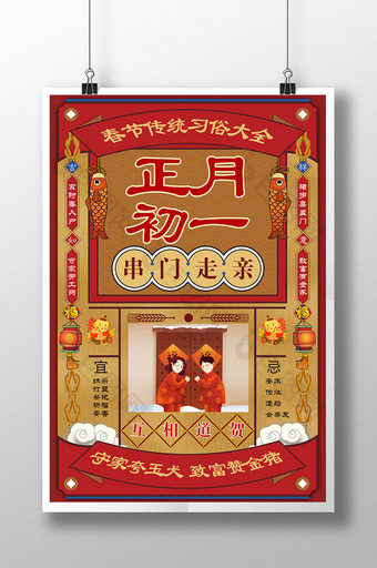 复古春节习俗正月初一串门走亲插画海报图片