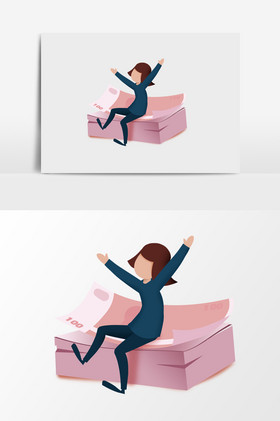 坐在钱上的女孩插画