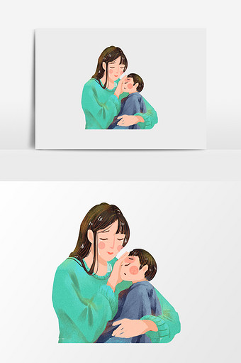 手绘抱着生病孩子的女人插画元素图片