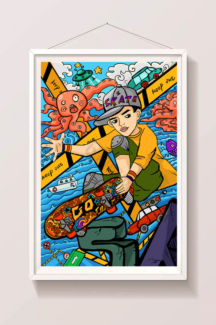 潮流MODERN涂鸦街头滑板男孩插画图片
