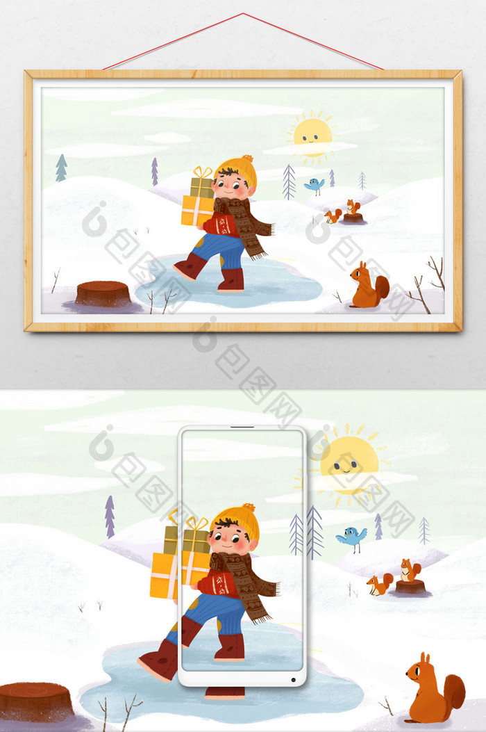 清新可爱小孩雪地滑冰小动物儿童插画