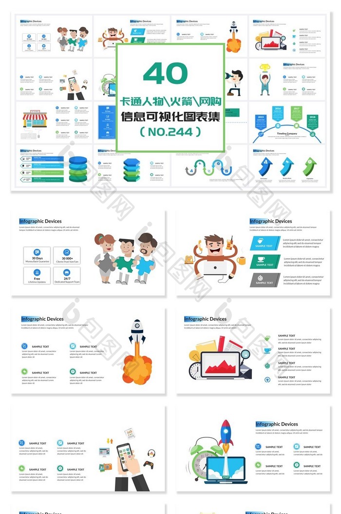 40页卡通人物火箭信息可视化PPT图表