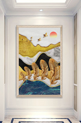 新中式北欧山峰羽毛飞鸟抽象玄关装饰画图片