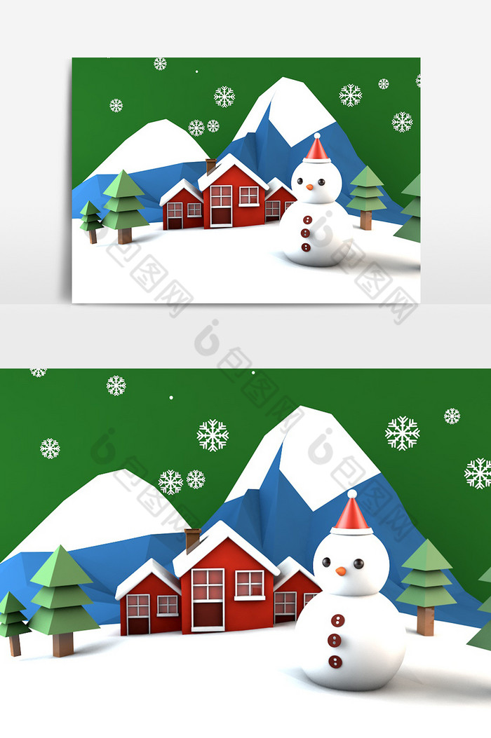 冬日雪景C4D场景模型雪人房子树海报图片图片