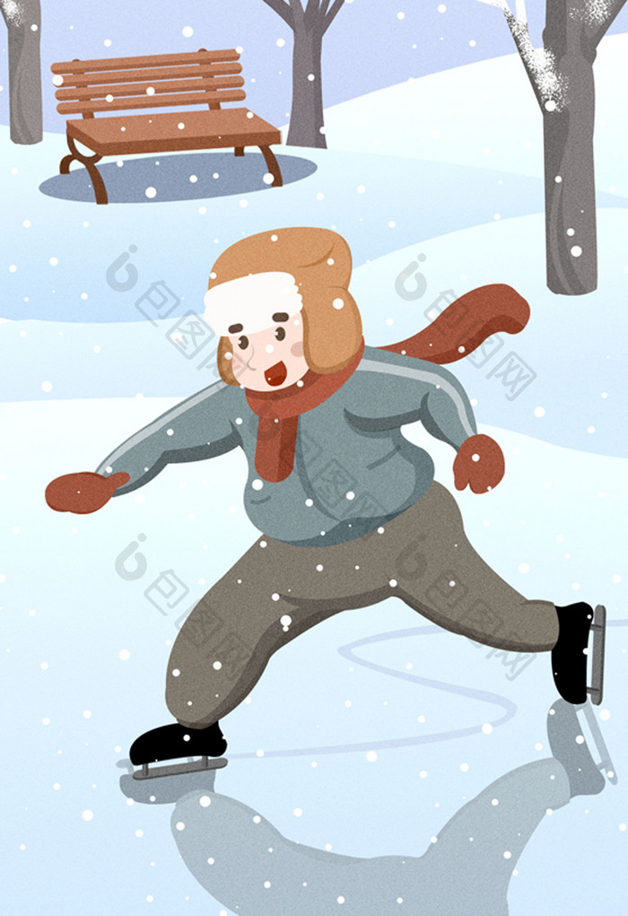 小清新大寒节气男孩户外溜冰插画