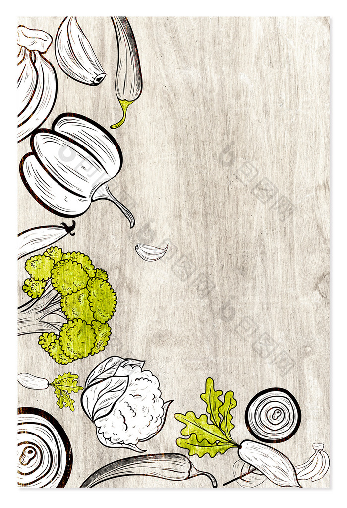 卡通手绘简约蔬菜美食木板菜板精致展板背景