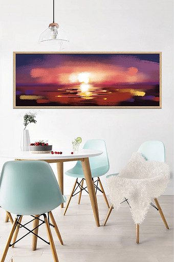 抽象油画手绘海面夕阳装饰画图片