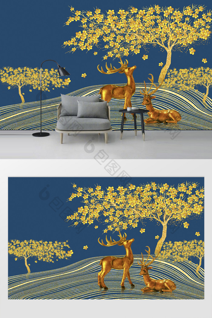 创意金枝树叶金鹿背景墙