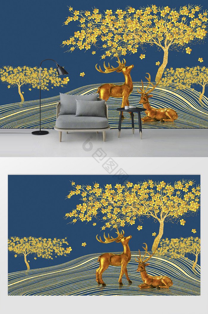 创意金枝树叶金鹿背景墙图片