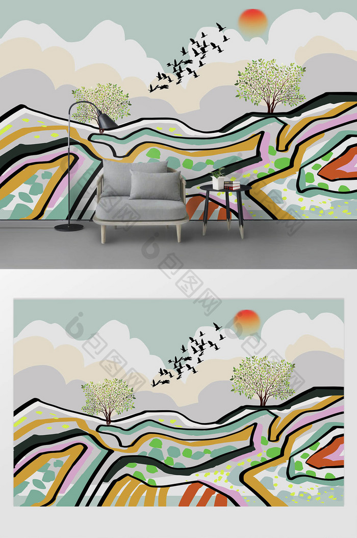 现代手绘抽象风景画客厅背景墙