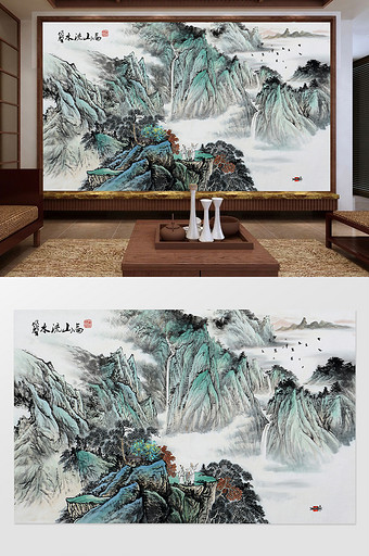 中国风国画水墨山高山流水背景墙图片