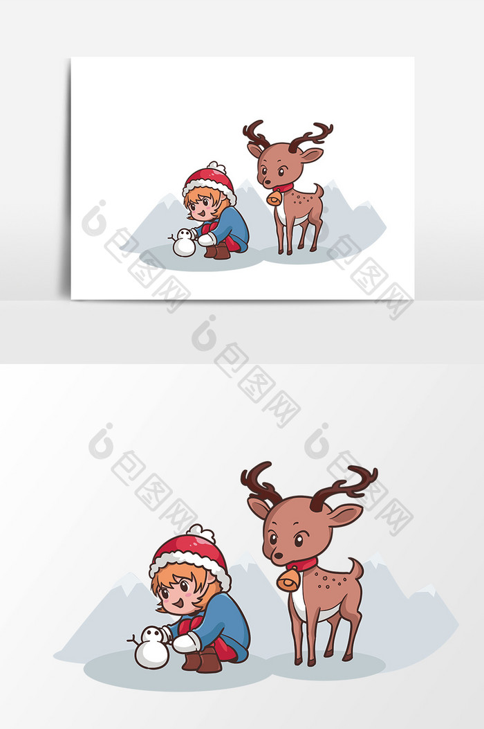 卡通堆雪人小鹿设计元素