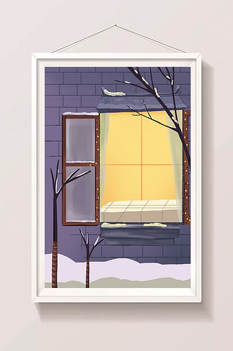 手绘冬天开着的窗户插画背景图片