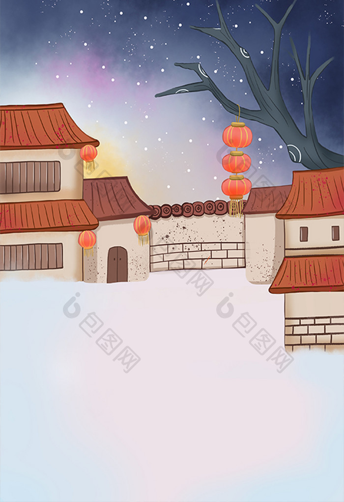 手绘古建房屋前的雪地插画背景