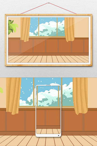 手绘带大窗户的教室插画背景图片下载