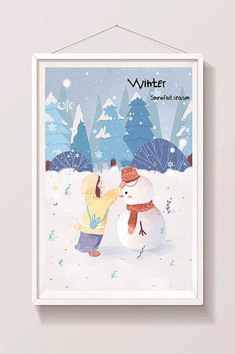 冬天你好冬季冬日下雪插画雪人插画图片