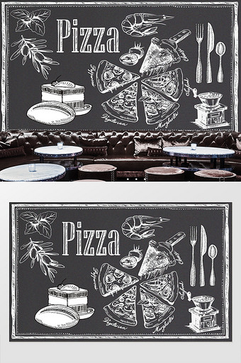 欧美时尚砖墙手绘披萨背景墙图片