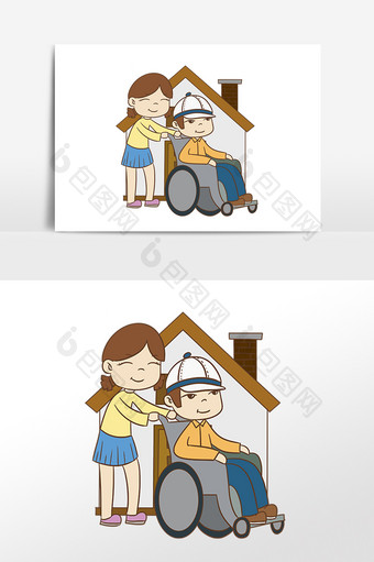 卡通残疾人日推轮椅的女孩素材图片