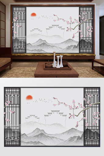 中式意境大气水墨山徽派建筑梅花花枝背景墙图片