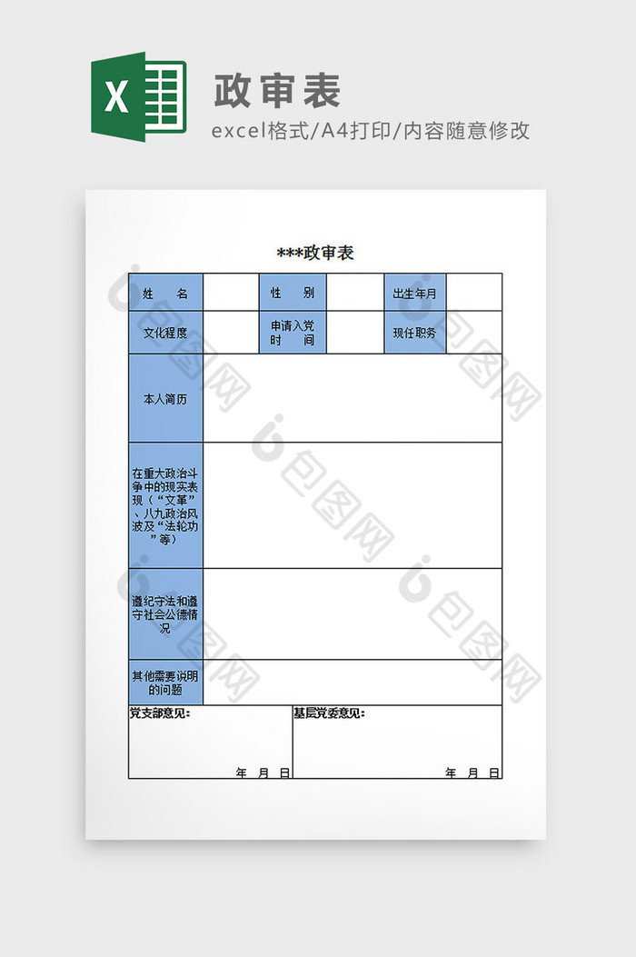 政审表Excel模板图片图片