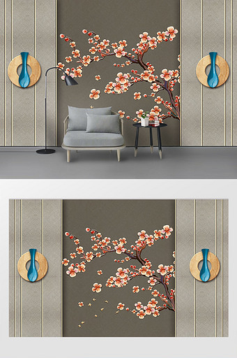 新中式传统元素梅花铁艺装饰布纹背景墙图片