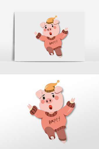 红色喜气小猪剪纸风插画图片