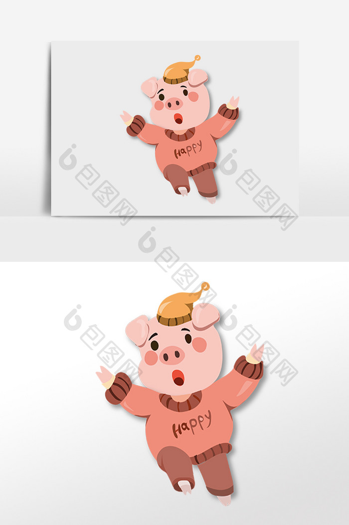 红色喜气小猪剪纸风插画