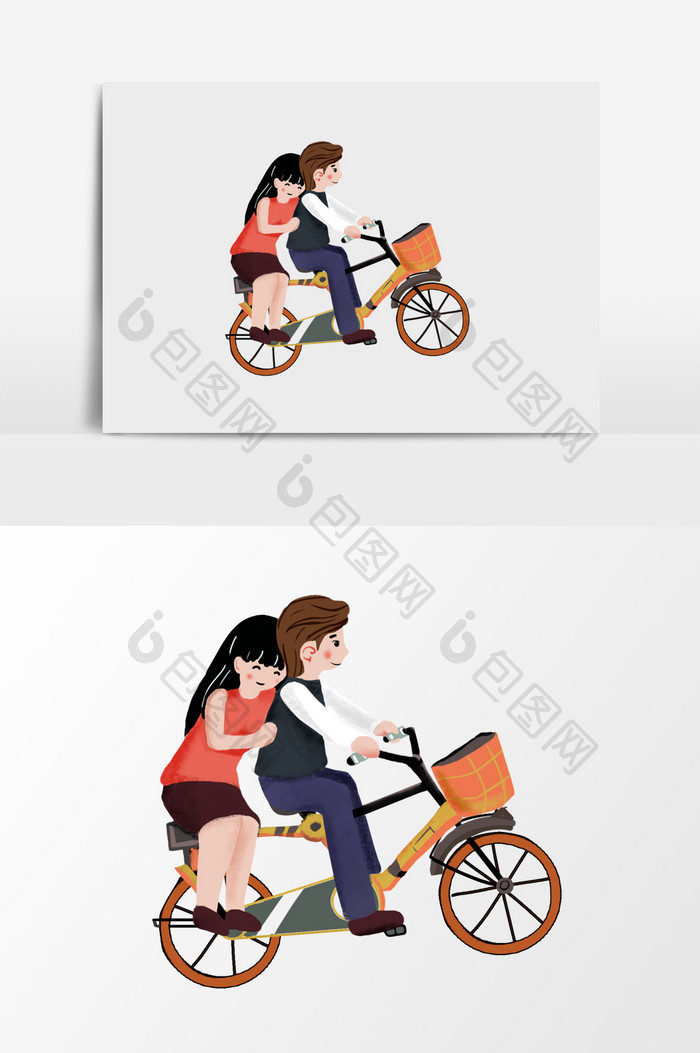 手绘带着女朋友骑车插画元素