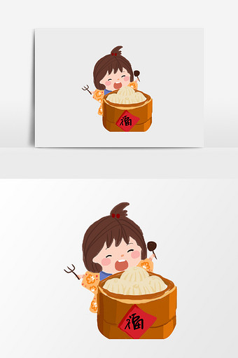 手绘吃包子的女童插画元素图片下载