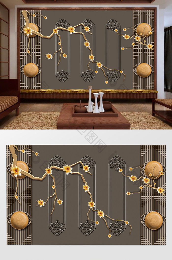 新中式传统元素花枝盘子布纹电视背景墙