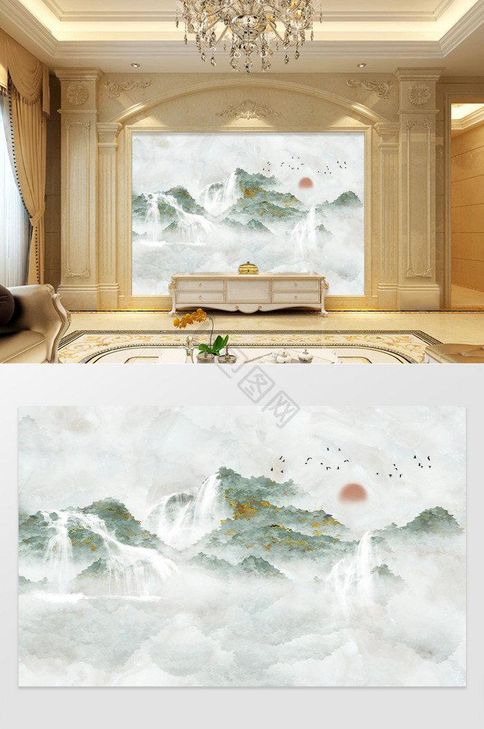 奢华大理石纹理山水电视背景墙图片