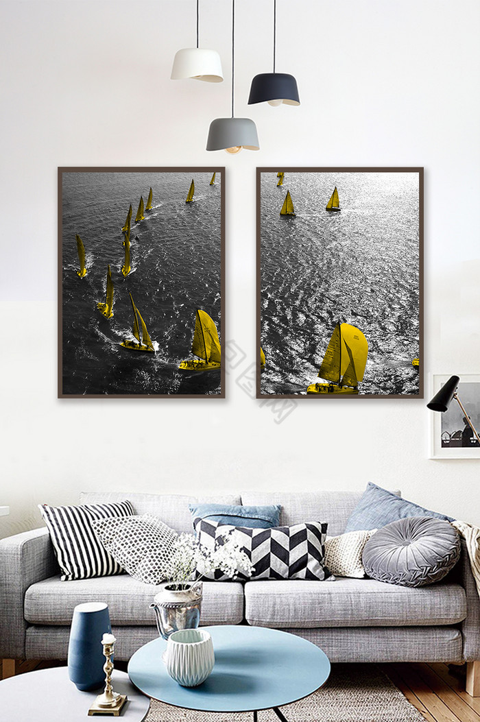 北欧简单黑白系列帆船海绵金色帆船装饰画图片