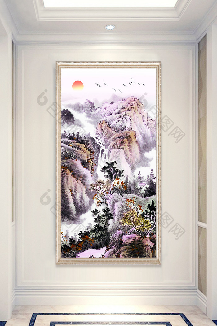 中式意境山水风景飞鸟旭日玄关装饰画