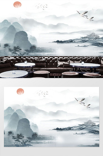 中国风新中式山水国画万水千山尽于朝晖背景图片