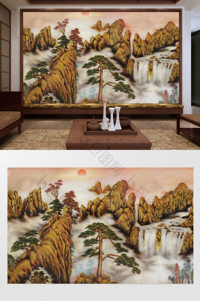 新中式山水画风风景背景墙效果图-【包图网】