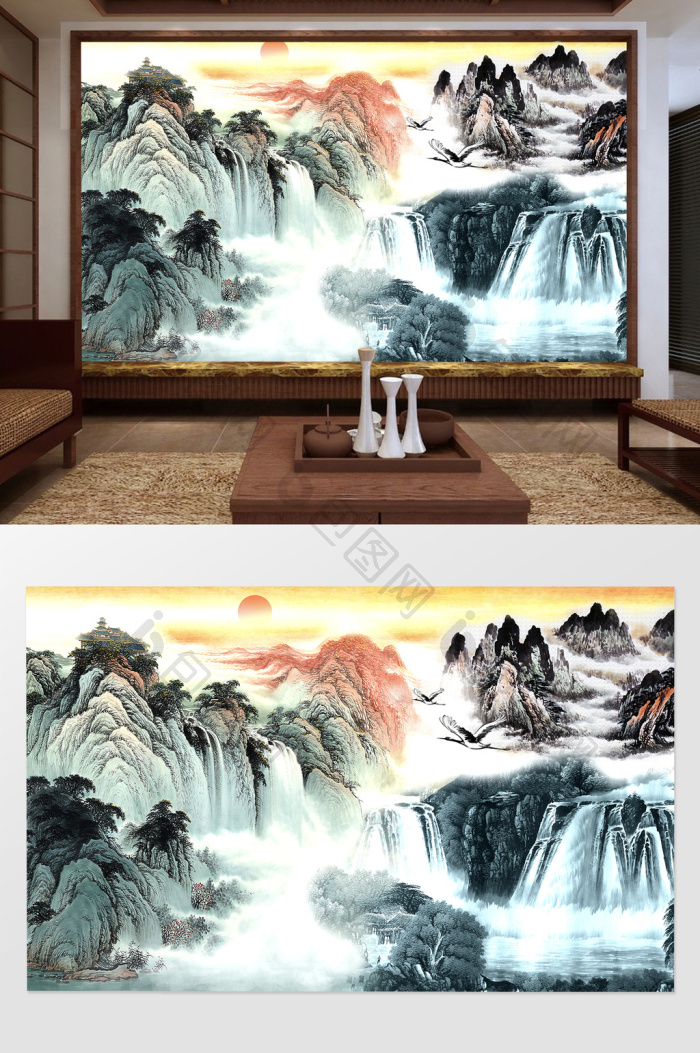 新中式山水水墨画风背景墙效果图-【包图网】