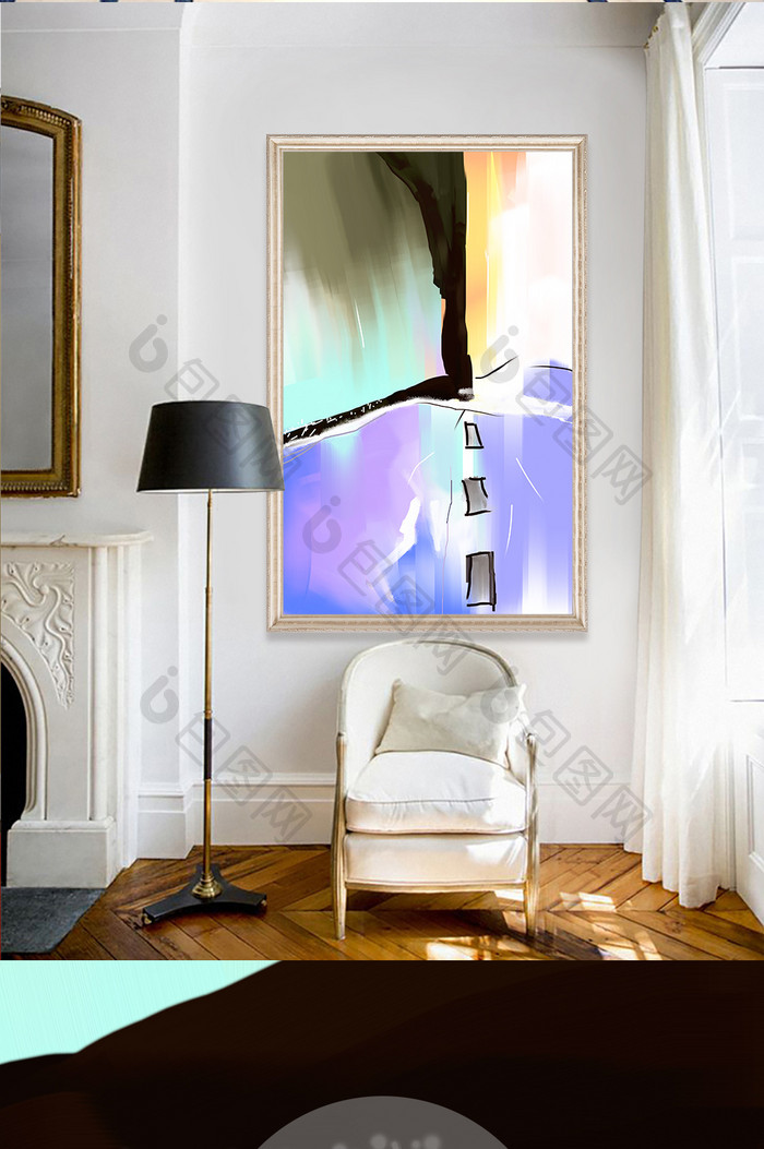 现代手绘抽象油画蓝色空间玄关装饰画