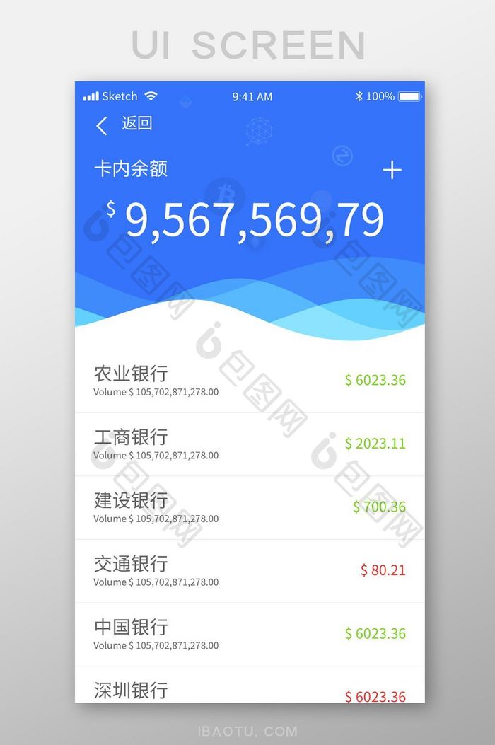 蓝色波浪金融app账户余额UI移动界面