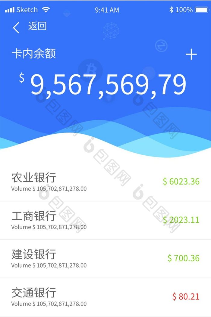 蓝色波浪金融app账户余额UI移动界面