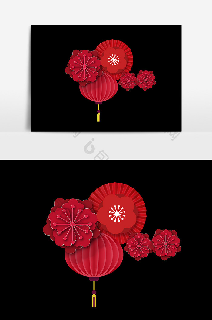 中国风红色灯笼花朵设计元素