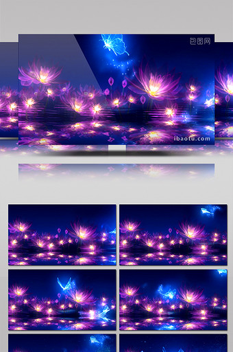 梦幻夜晚荷塘上飞舞的荧光蝴蝶循环视频素材图片