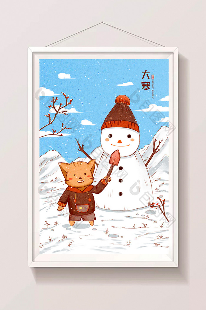 蓝色冬季大寒趣味堆雪人的猫咪插画
