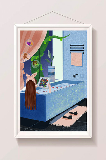 少女洗澡浴室玩游戏平板卡通唯美插画图片