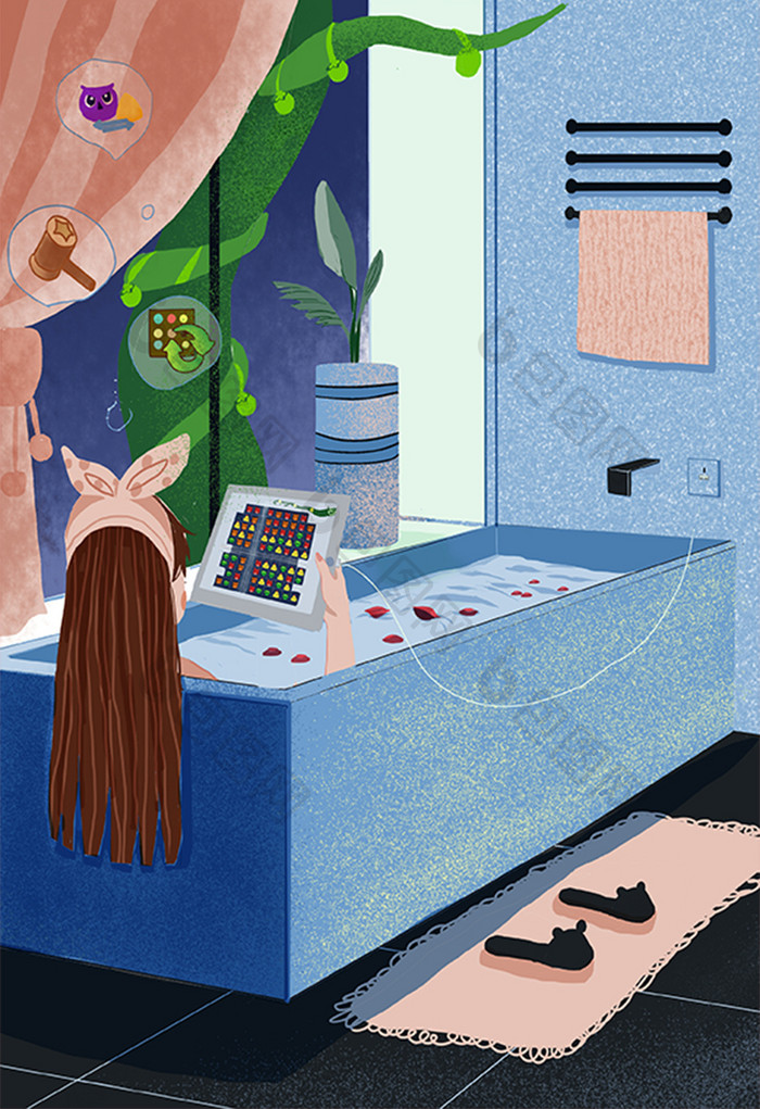 少女洗澡浴室玩游戏平板卡通唯美插画