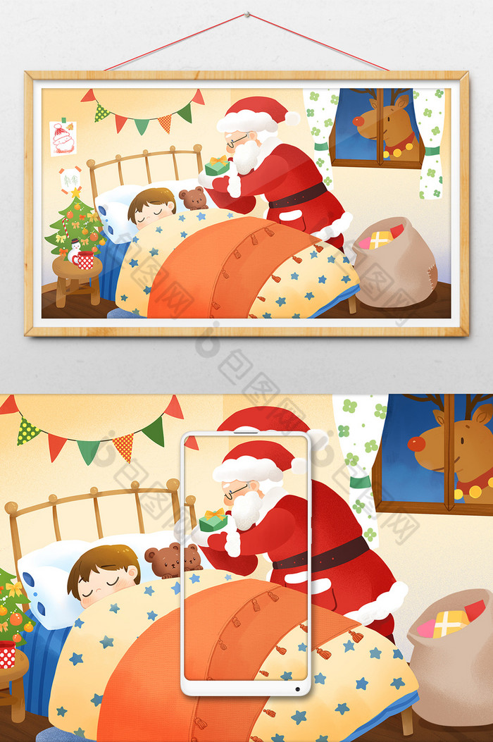 圣诞节平安夜圣诞老人送礼物插画图片图片