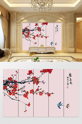 新中式手绘工笔花卉花鸟背景墙图片